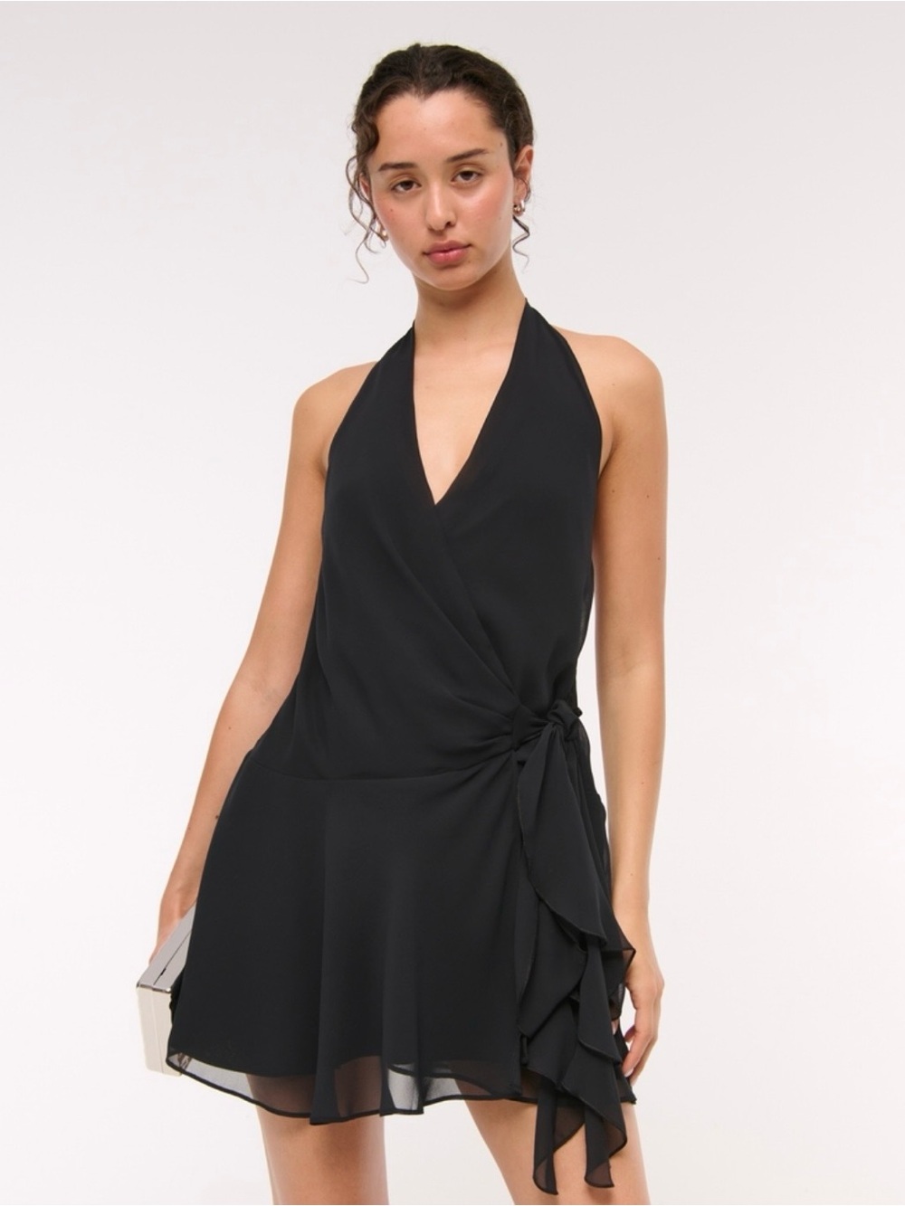 Abercrombie & Fitch Black Halter Wrap Mini Dress with Ruffle Tie